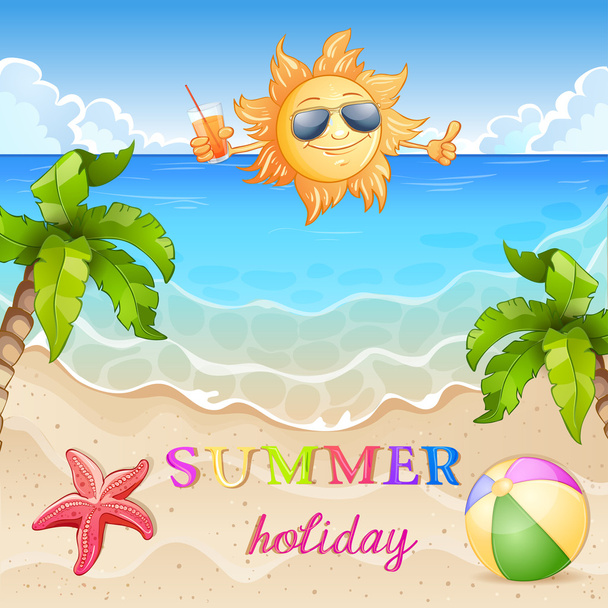 Summer beach illustration with happy sun and palm tree. - Vector, Imagen