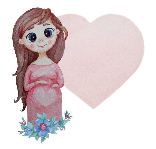 Maternidad. Una linda chica embarazada feliz con el pelo largo en un vestido rosa se encuentra en flores decorativas sobre el fondo de un gran corazón rosa. Acuarela. Carta postal de dibujo a mano sobre fondo blanco - Foto, Imagen
