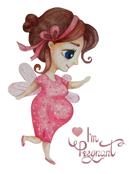A futura maternidade. Fada grávida feliz bonito em um vestido rosa. lettering - Estou grávida. Aquarela. Desenho à mão - Cartão postal vertical para design, decoração, cartões de felicitações e impressão - Foto, Imagem