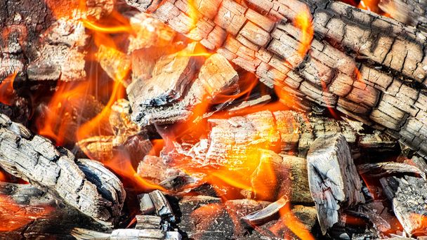 Burning firewood and coals in the grill. Close-up. Macro shooting. Burning fire. Grilling meat. Coals for frying. - Photo, Image