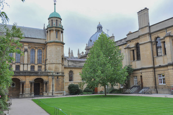 View of T. G. Jackson chapel from Hertford College Old Quad, Oxford, United Kingdom. Overcast Sky. - Photo, image