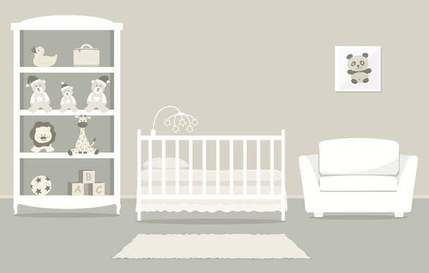Kinderzimmer für ein Neugeborenes. Interieur-Schlafzimmer für ein Kind in einer beigen Farbe. Es gibt ein Kinderbett, einen Kleiderschrank mit Spielzeug, Sessel und andere Dinge auf dem Bild. Vektorillustration - Vektor, Bild