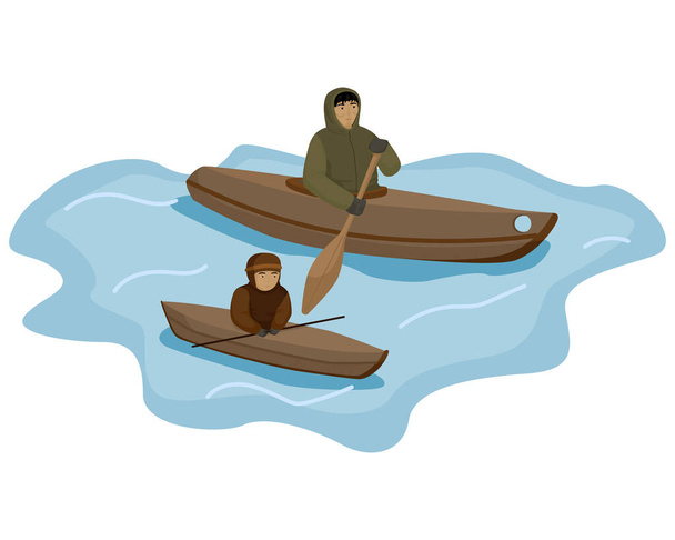 Skład tradycyjny Eskimos człowiek i dziecko pływające kajak z wiosłem izolowane na białym tle. Chłopak szkolący pływaka na łodzi. Ilustracja wektora płaskiej kreskówki. - Wektor, obraz