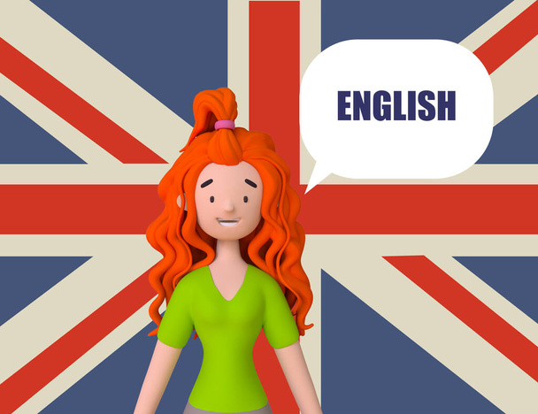 Uczę się angielskiego Concept. Rudowłosy Amerykanin mówi po angielsku, Ucz się języków obcych z native speakerem. Trendy 3D ilustracja.  - Zdjęcie, obraz
