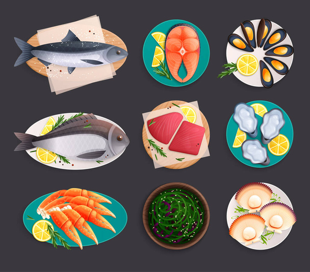 Sea Food Dishes Set - Vector, Imagen