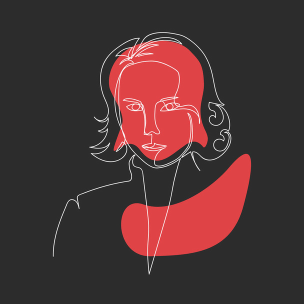 Uma linha de desenho de retrato de mulher com linha branca e silhueta vermelha isolada sobre fundo preto. Vector linha arte ilustração cartaz - Vetor, Imagem