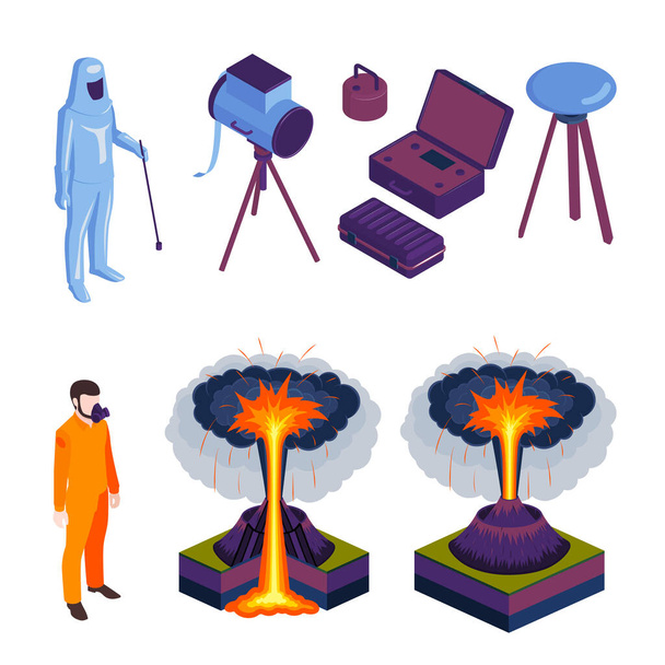 Volcano Eruptions And Volcanologist Isometric Icons - Vector, Image