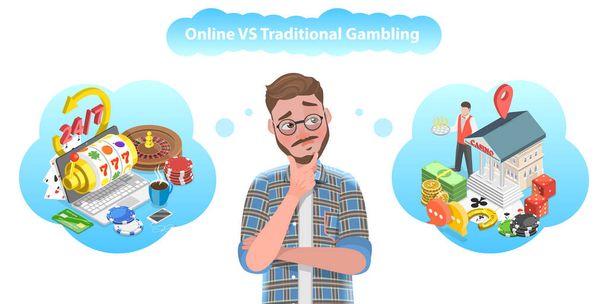 3D Isometric Flat Vector Conceptual Illustration of Online Gambling vs Offline Gambling - Wektor, obraz