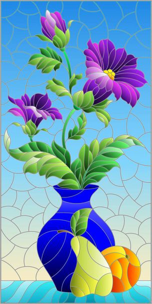 Иллюстрация в стиле витража с цветочным натюрмортом, ваза с фиолетовыми цветами и фруктами на синем фоне - Вектор,изображение