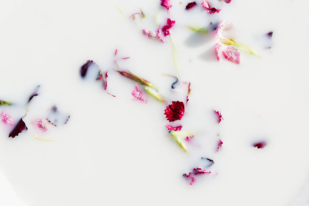 red and rosy flower petals in milk. top view. close up shot. - Fotó, kép