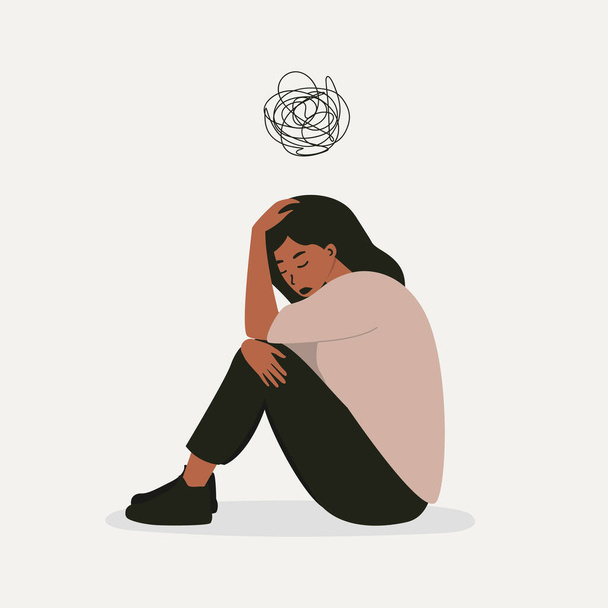 Una ilustración de dibujos animados vectoriales planos de una mujer en un estado de ánimo deprimido, sentada en el suelo y sosteniendo sus rodillas, garabateando sobre su cabeza. Problemas de salud mental, burnout, depresión. - Vector, imagen