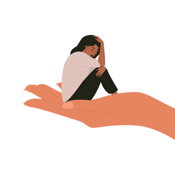 Dibujos animados vectoriales planos ilustración de una mujer sentada en la palma de su mano en un estado de ánimo deprimido, abrazando sus rodillas. Problemas de salud mental, agotamiento, depresión. El concepto de ayuda y apoyo. - Vector, Imagen