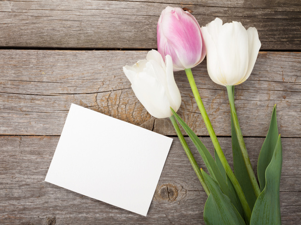 Fresh tulips with greeting card - Photo, Image