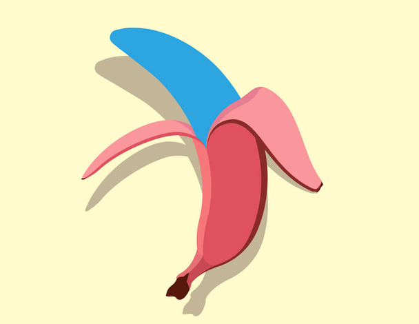 Kék érett vektor banán piros héj. Pop art gyümölcs. Hámozott fagylalt banán, hazugság és árnyékot vet - Vektor, kép