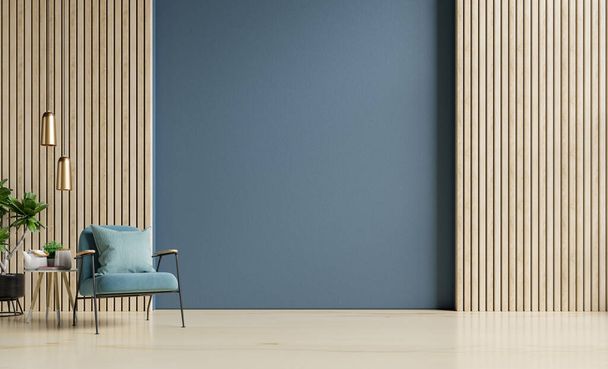 Élégant salon moderne en bois dispose d'un fauteuil sur fond de mur bleu foncé vide, rendu 3D - Photo, image