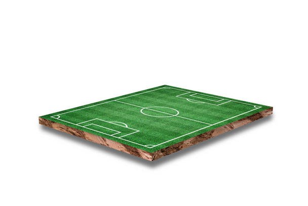 Soil cubical cross section with soccer field, green grass, Isolated on white background. 3D Rendering. - Photo, Image