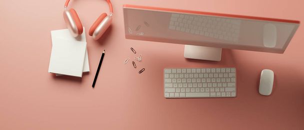 Kreativer Arbeitsplatz in rosa Pastell mit Computergerät, Schreibwaren und Kopfhörer, 3D-Rendering, 3D-Illustration, Draufsicht - Foto, Bild