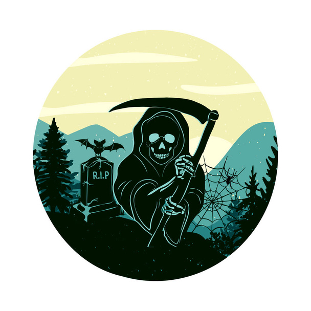 dare with a scythe. gravestone with bats, cobweb with a spider. mountains and forest in a round frame. silhouette. vector.ps - Vector, Image