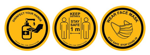 Vector yellow circle sign with icons and text Wear face mask. Keep Distance. Disinfect your hands. and wear a mask. Isolated on white background. - Vector, Image
