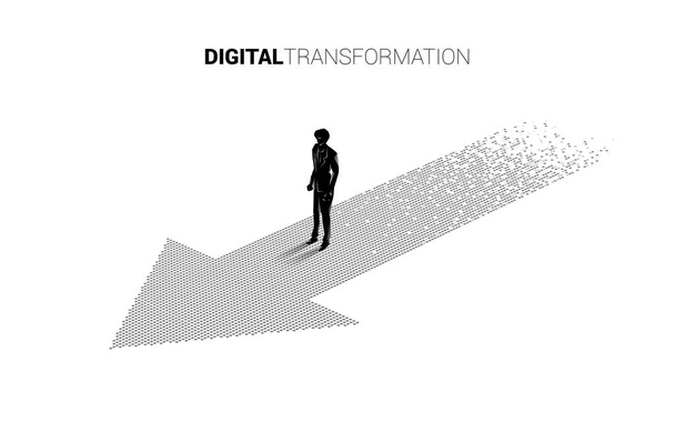 Silhouette d'homme d'affaires debout sur la flèche de pixel. concept de transformation numérique de l'entreprise. - Vecteur, image