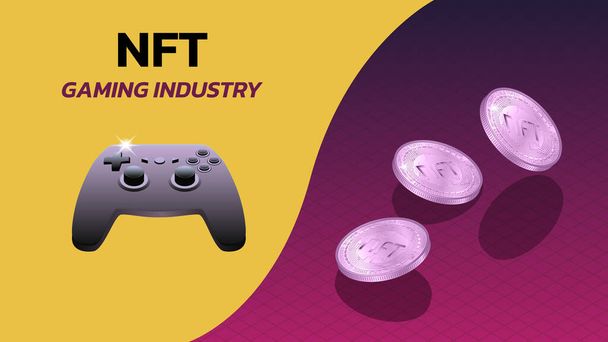 NFT non fungible tokens gaming industry banner with game console gamepad and isometric falling coins. Pay for unique collectibles in games or art. Vector illustration. - Vector, Image