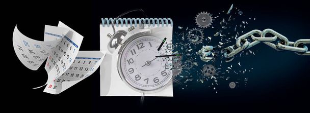 kalendarz latanie, strony,, zegar czasu łamanie czas mijać pamięci przyszłość nowa era uczucia biegów wolna wolność psychologia wojna zniszczenie - Zdjęcie, obraz