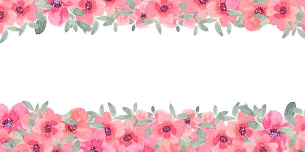 Watercolor flowers on the edges of a horizontal banner on a white background. Blooming blank for design, brochures, business cards, invitations and printing. Copy space - Photo, Image