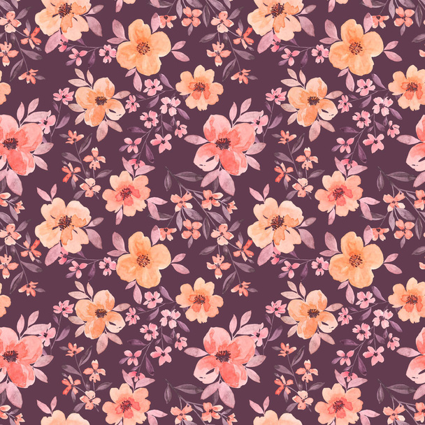 Abstract watercolor peach flowers on a muted purple background. Seamless pattern of quince spring blooms - Fotoğraf, Görsel