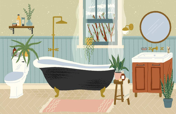 Badezimmereinrichtung mit Badewanne, Toilette und Waschtisch. Handgezeichnete Vektorillustration im gemütlichen skandinavischen Stil. Wohnraumgestaltung - Vektor, Bild