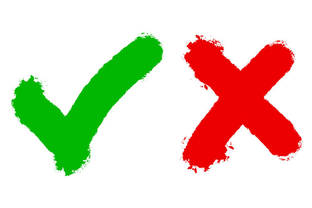 Icône droite et mauvaise. dessin à la main de Coche verte et Croix rouge isolées sur fond blanc Illustration vectorielle. - Vecteur, image