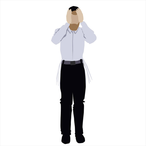 ein Bild eines bärtigen jüdischen Mannes mit schwarzer Schirmmütze, weißem Hemd, schwarzer Hose und Quaste, der seine Hände in Angst, Schrecken, Gebet, Verzweiflung und Frustration über sein Gesicht legt,  - Vektor, Bild