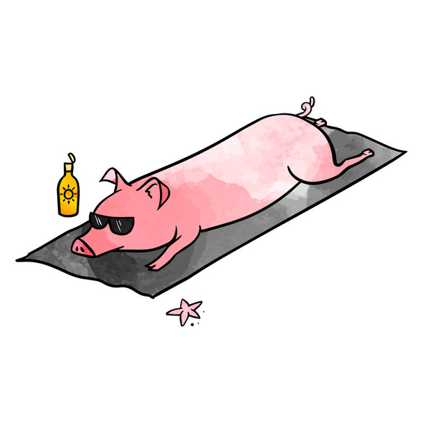 Watercolor style pig laying at the beach hand drawn - Vector, Image