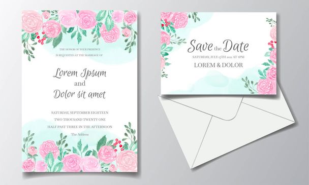 Tarjeta de invitación de boda con hermosa acuarela floral - Vector, Imagen