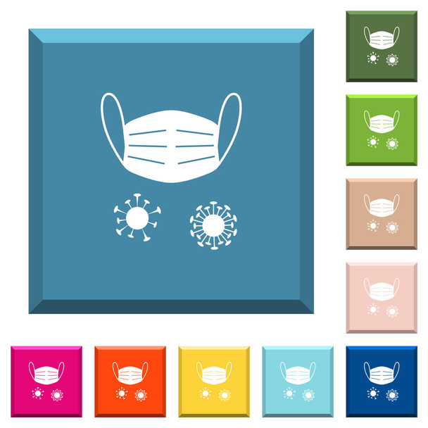 Máscara médica y corona virus iconos blancos en los botones cuadrados de bordes en varios colores de moda - Vector, Imagen