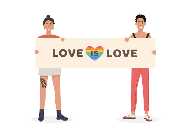 LGTB-activisten op de trotse parade met bordje met slogan Liefde is Liefde en regenbooghart. Homo, transgender of lesbienne op demonstratie voor gelijke rechten. Vectortekens op witte achtergrond. - Vector, afbeelding