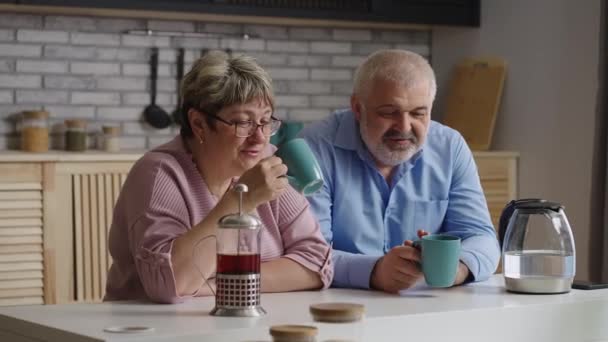 joyeux vieil homme et femme boivent du thé le week-end, se détendre à la maison cuisine, heureux retraités communiquent et se reposent - Séquence, vidéo