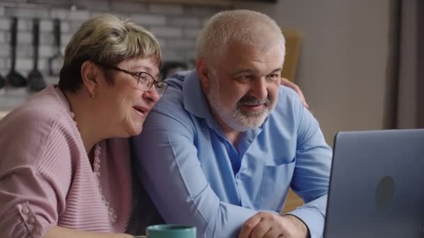 glückliche ältere Ehepartner winken der Webkamera ihres Laptops zu, chatten online mit Freunden oder Familie - Filmmaterial, Video