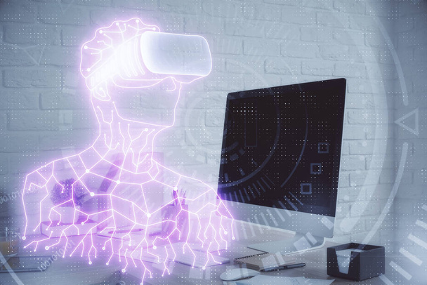 Double exposure of man in VR glasses drawing and office interior background. Concept of AR. - Fotó, kép