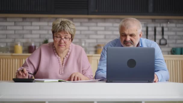 vecchio e donna stanno contando i loro soldi e budget, due anziani sono seduti insieme in cucina e calcolano i pagamenti - Filmati, video