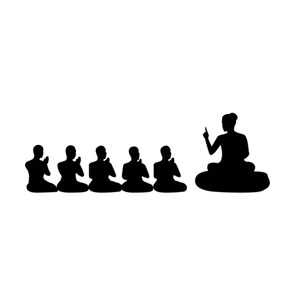 black silhouette design with isolated white background of lord of buddha teaching five ascetics - Vector, Image
