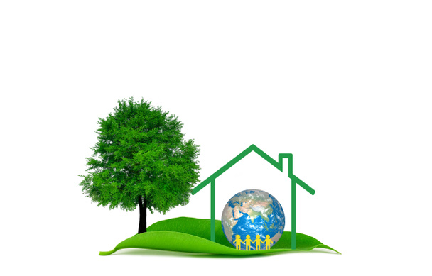 De mensen die thuis staan en de boom op groen blad op witte achtergrond. red het concept van de aarde ecologie.  - Foto, afbeelding