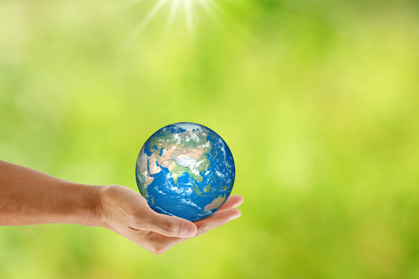 Hand holding the earth on natural bokeh background. save the earth concept. - Photo, Image