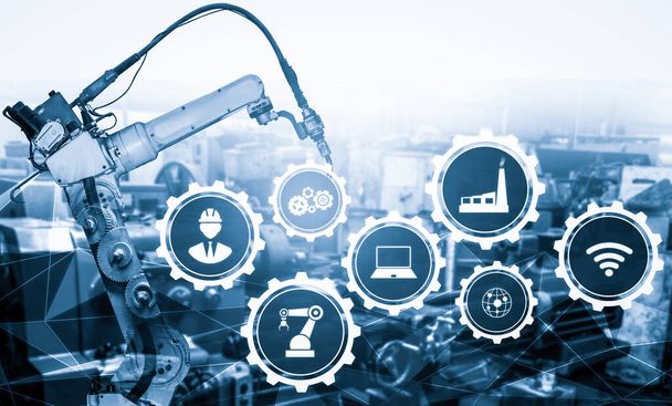 デジタル工場生産技術のためのスマート産業ロボットアーム - 写真・画像
