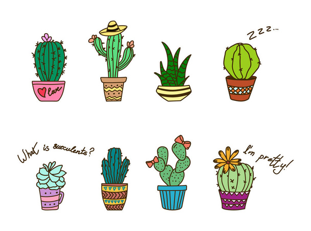Cactus de colores en maceta. Suculentas coloridas. Dibujo aislado de planta desértica. Flora exótica mexicana - Vector, imagen