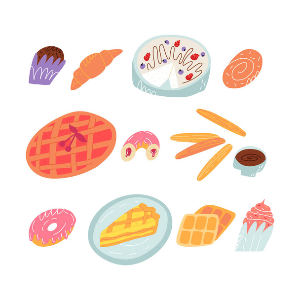 Cute various bakery desserts set. Traditional American, French, Spanish sweet pastry, cakes and sweets. - Vector, Image