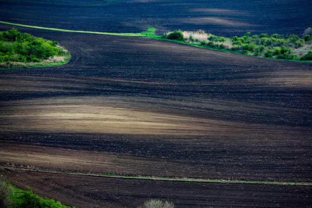 Texture of brown agricultural soil. Beautiful sunrise on the farm. The Farm in the Moldova, Europe. Freshly plowed spring field for planting vegetable seeds. - Фото, изображение