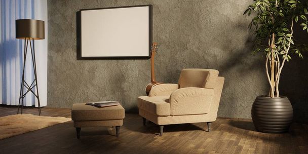 Interior moderno de estilo ecológico com um espaço para cartaz, planta e um piso de madeira. Vista frontal. Renderização 3d - Foto, Imagem