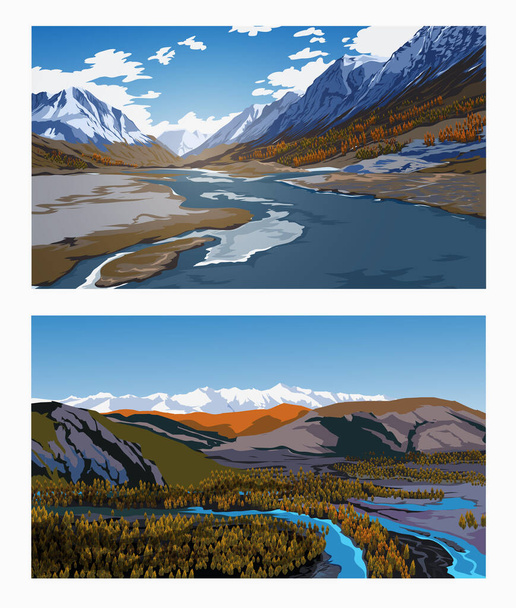 Beautiful spring or winter landscapes with an blue sky, rivers, forest, mountains, clouds and snow peaks on background. Landscape backgrounds for your arts - Vector, Image