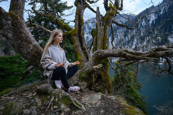 Menina senta-se em uma árvore e medita perto do lago Ritsa na Abcásia - Foto, Imagem