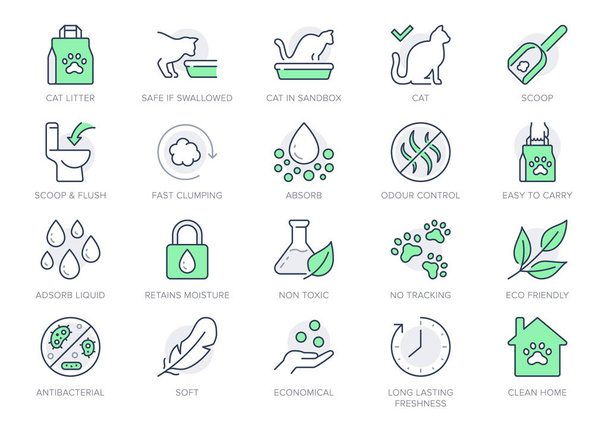 Icone della linea della lettiera del gatto. Illustrazione vettoriale includono icona - sandbox, filtro vassoio gattino, sacchetto, biodegradabile, pittogramma contorno naturale per assorbitore di servizi igienici per animali. Colore verde, traccia modificabile - Vettoriali, immagini
